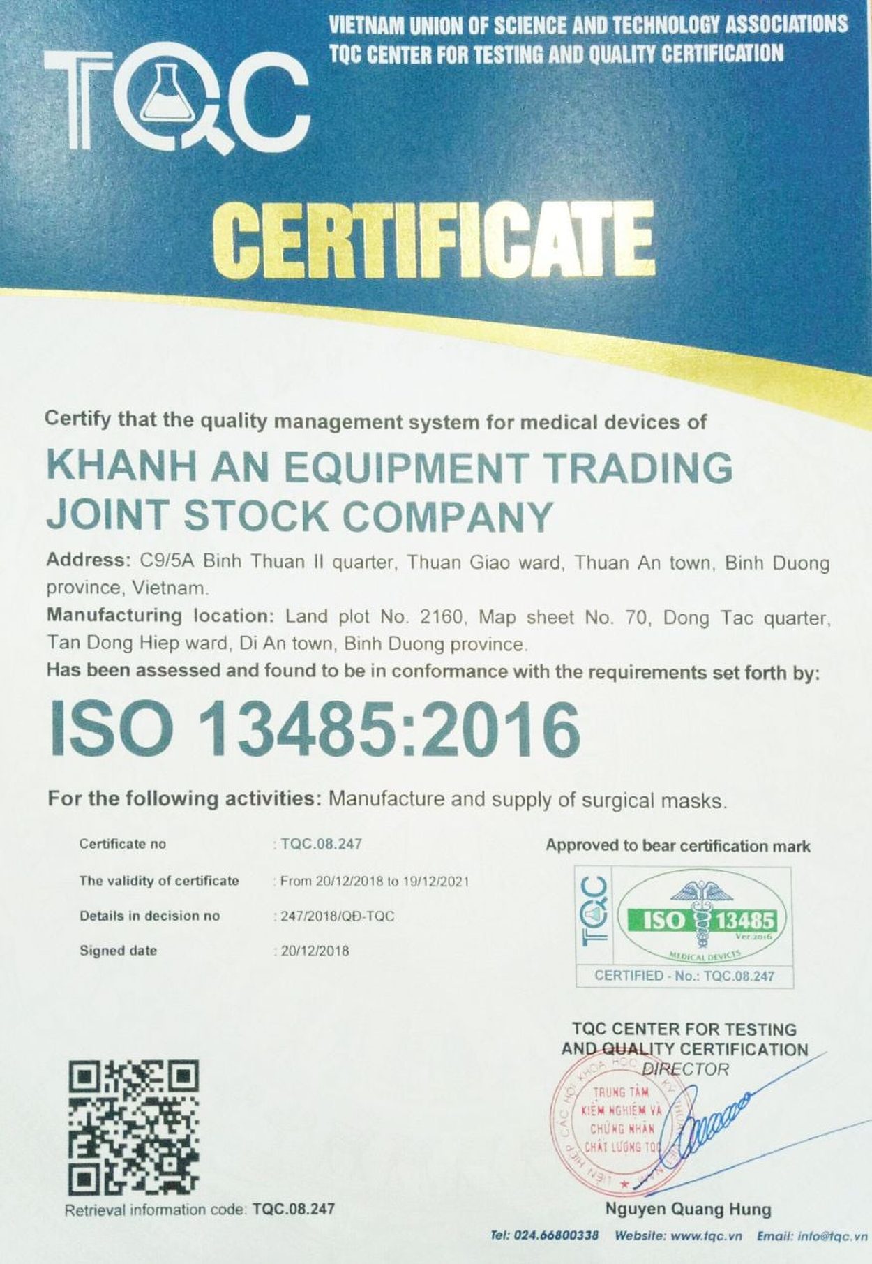Chứng nhận ISO 13485 khẩu trang Khánh An