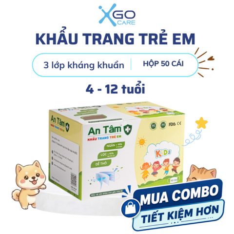 Khẩu trang y tế cho bé kháng khuẩn 3 lớp An Tâm dành cho trẻ em 4-12 tuổi đa dạng hoạ tiết hộp 50 cái ATKTYTC