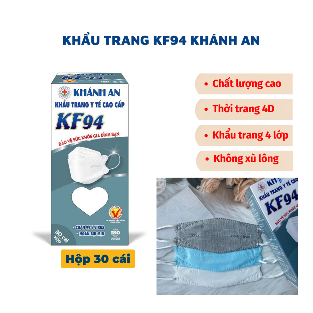Khẩu trang kf94 hàn quốc chính hãng Khánh An 4 lớp chống tia uv chống nắng kín mặt cao cấp kháng khuẩn Hộp 30c KAKF94O