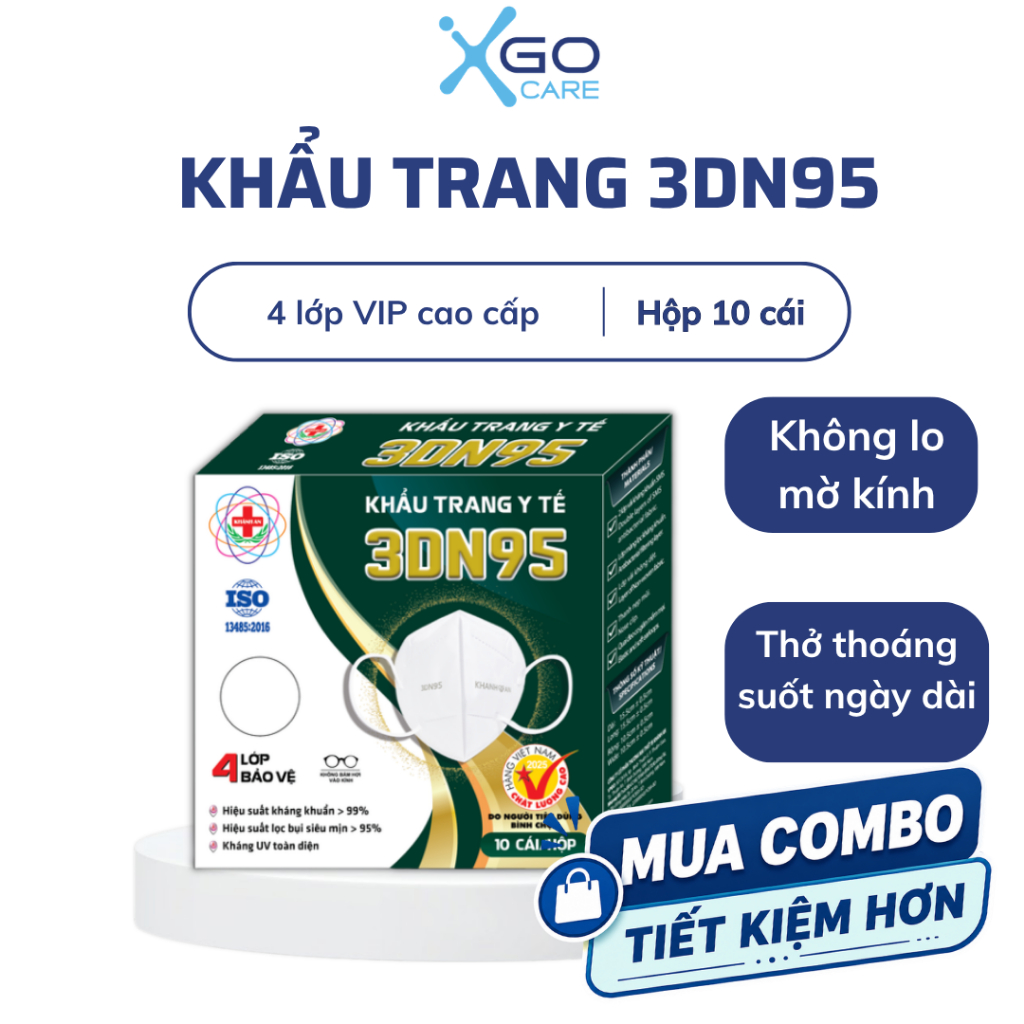 Khẩu trang N95 chính hãng Khánh An 4 lớp kháng khuẩn chống bụi mịn 3DN95 Khánh An hộp 10 cái KA3DN95O
