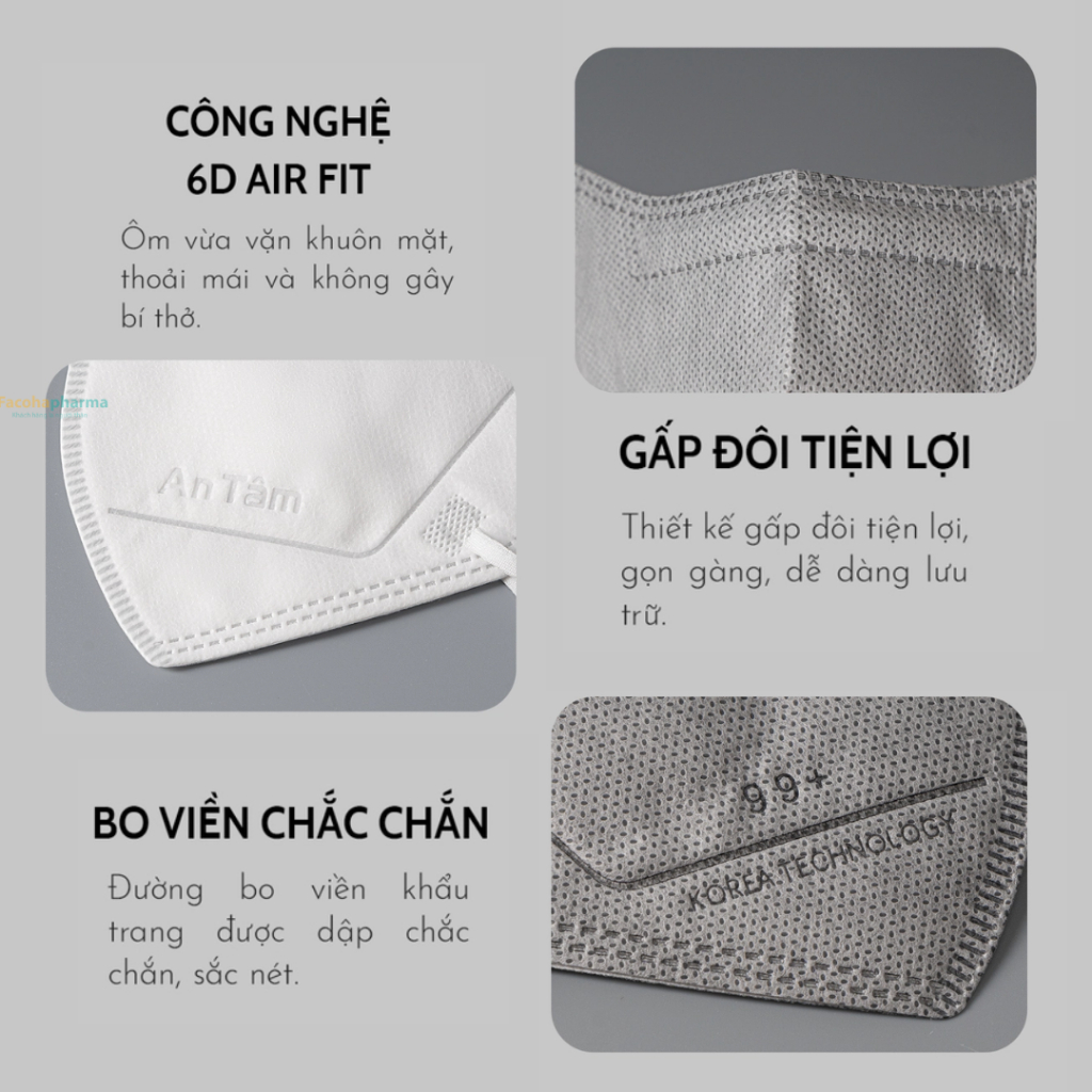 Set 5 bịch 50 cái khẩu trang 6d mask 4 lớp kháng khuẩn ngăn bụi mịn thiết kế thời trang chính hãng An Tâm