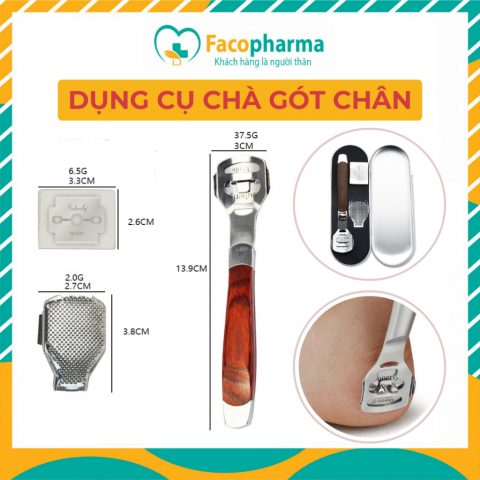 Dụng cụ chà gót chân tẩy da chết hộp inox tay cầm gỗ cao cấp kèm dao cạo thay thế CN041