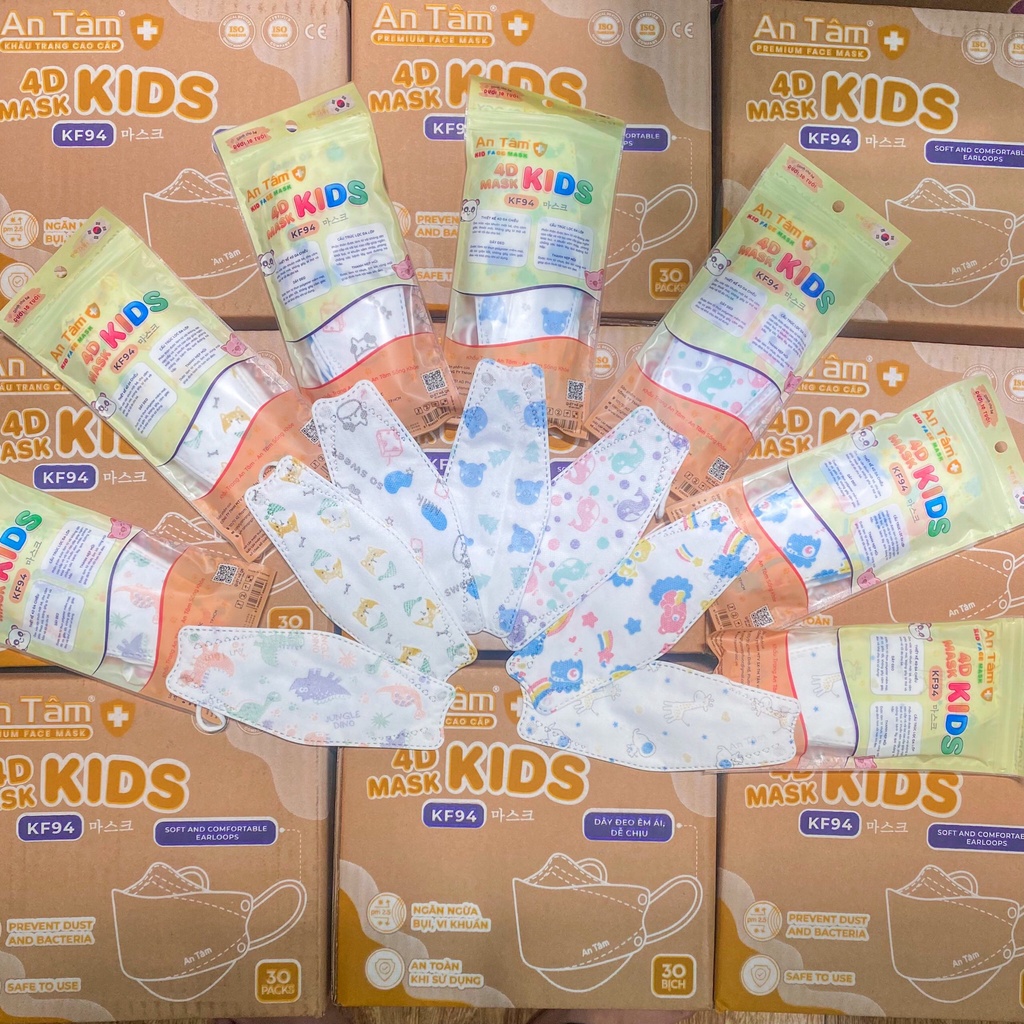 Thùng khẩu trang kf94 cho bé 4d An Tâm 4 lớp kháng khuẩn ngăn bụi mịn nhiều hoạ tiết đáng yêu chính hãng 300 cái AT4DC
