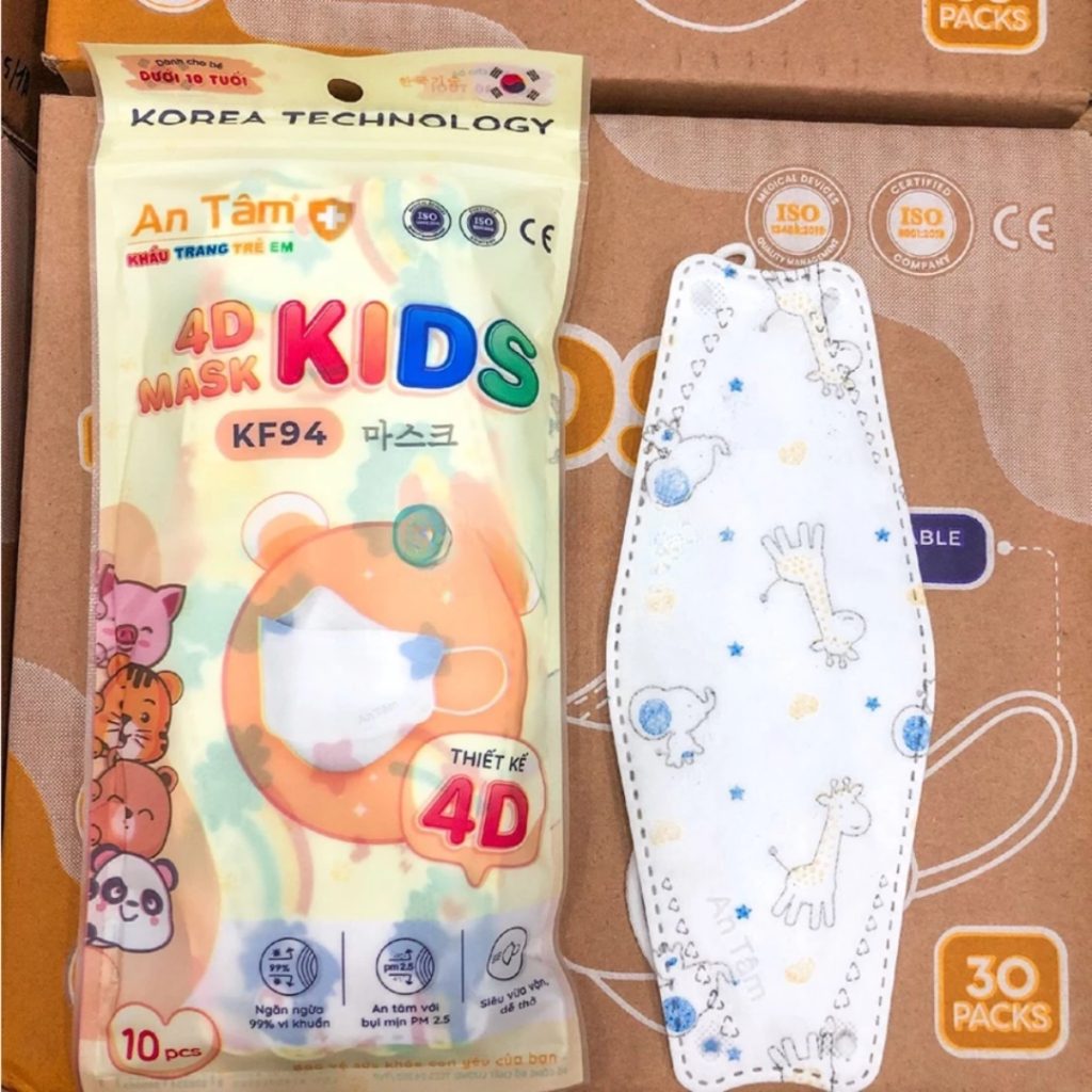 Thùng khẩu trang kf94 cho bé 4d An Tâm 4 lớp kháng khuẩn ngăn bụi mịn nhiều hoạ tiết đáng yêu chính hãng 300 cái AT4DC