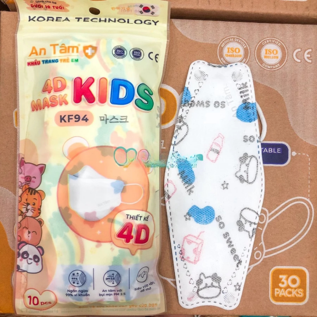 Thùng khẩu trang kf94 cho bé 4d An Tâm 4 lớp kháng khuẩn ngăn bụi mịn nhiều hoạ tiết đáng yêu chính hãng 300 cái AT4DC