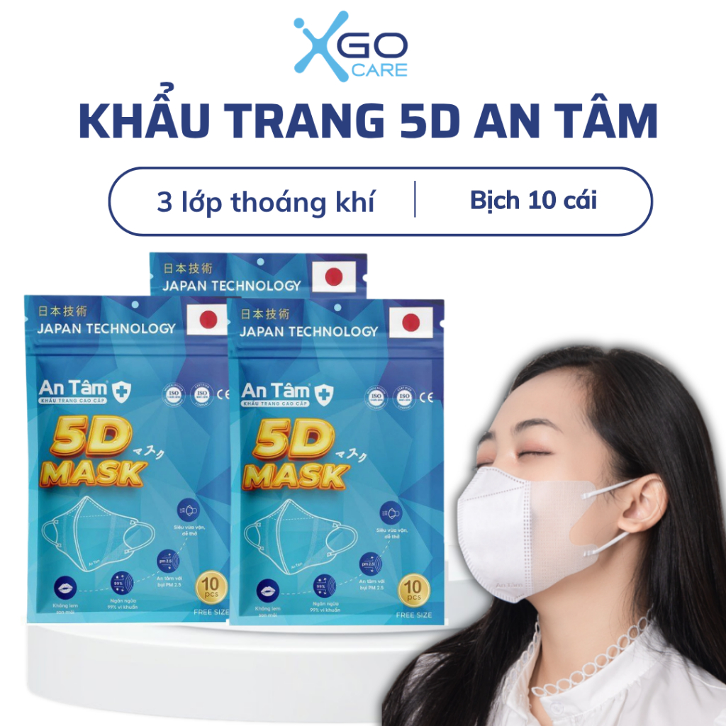Set 5 bịch 50 cái khẩu trang 5d mask kháng khuẩn ngăn bụi mịn mềm mại không lem son chính hãng An Tâm AT5DO