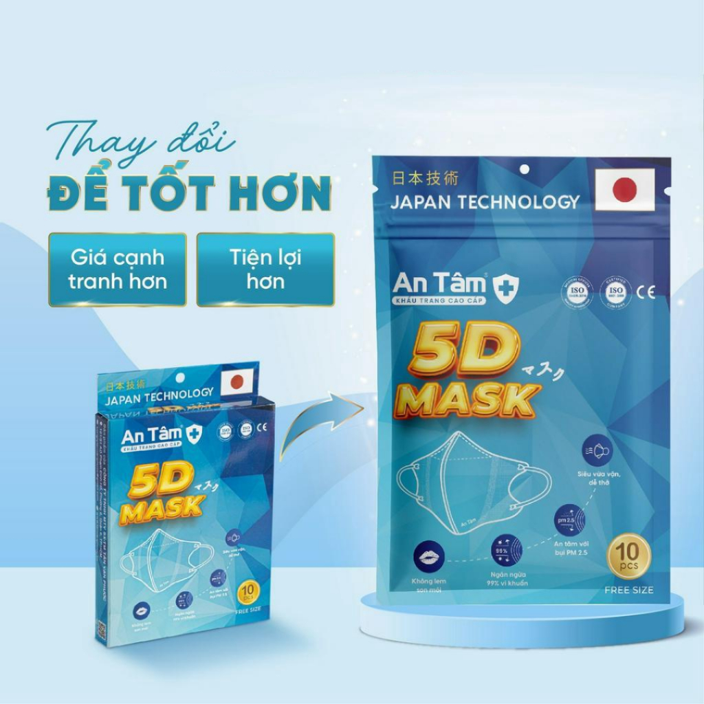 Set 5 bịch 50 cái khẩu trang 5d mask kháng khuẩn ngăn bụi mịn mềm mại không lem son chính hãng An Tâm AT5DO