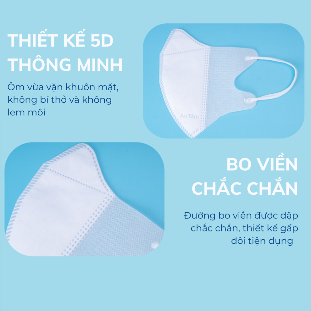 Set 5 bịch 50 cái khẩu trang 5d mask kháng khuẩn ngăn bụi mịn mềm mại không lem son chính hãng An Tâm AT5DO