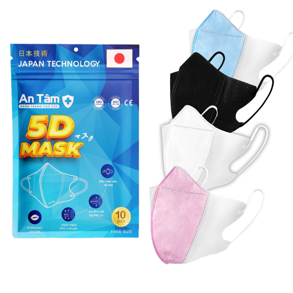 Set 5 bịch 50 cái khẩu trang 5d mask kháng khuẩn ngăn bụi mịn mềm mại không lem son chính hãng An Tâm AT5DO