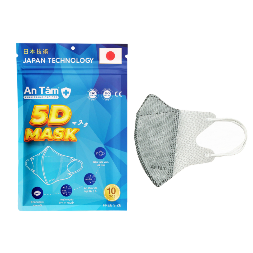 Set 5 bịch 50 cái khẩu trang 5d mask kháng khuẩn ngăn bụi mịn mềm mại không lem son chính hãng An Tâm AT5DO