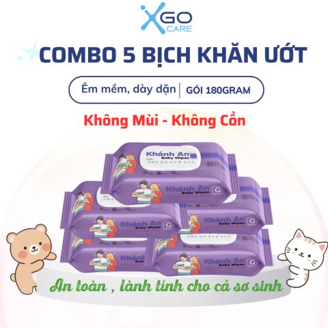 Combo 5 bịch Khăn giấy ướt siêu tiện lợi không mùi, không cồn an toàn sử dụng cho bé 180g Khánh An x5KAKGU