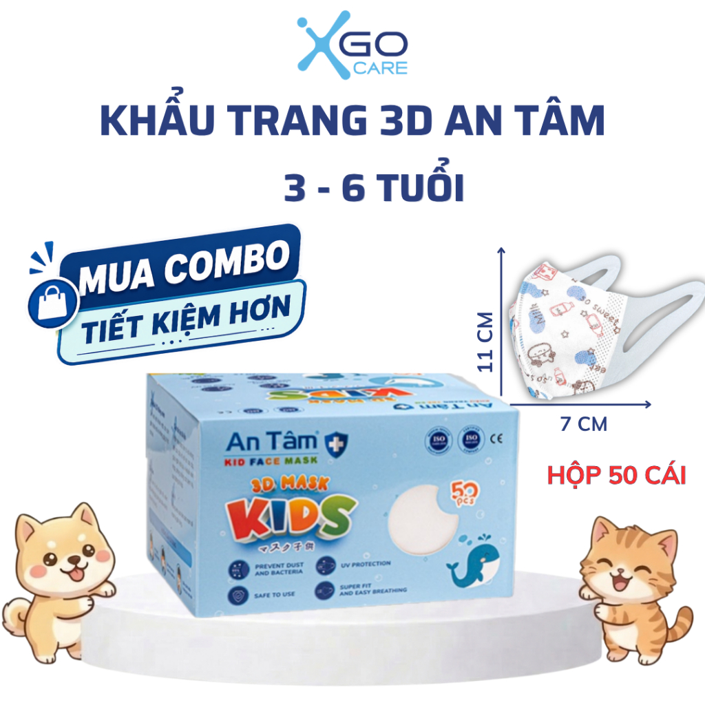 Hộp 50 cái Khẩu trang trẻ em 3D An Tâm đa lớp kháng khuẩn ngăn ngừa bụi mịn cho bé từ 3-8 tuổi AT3D50C