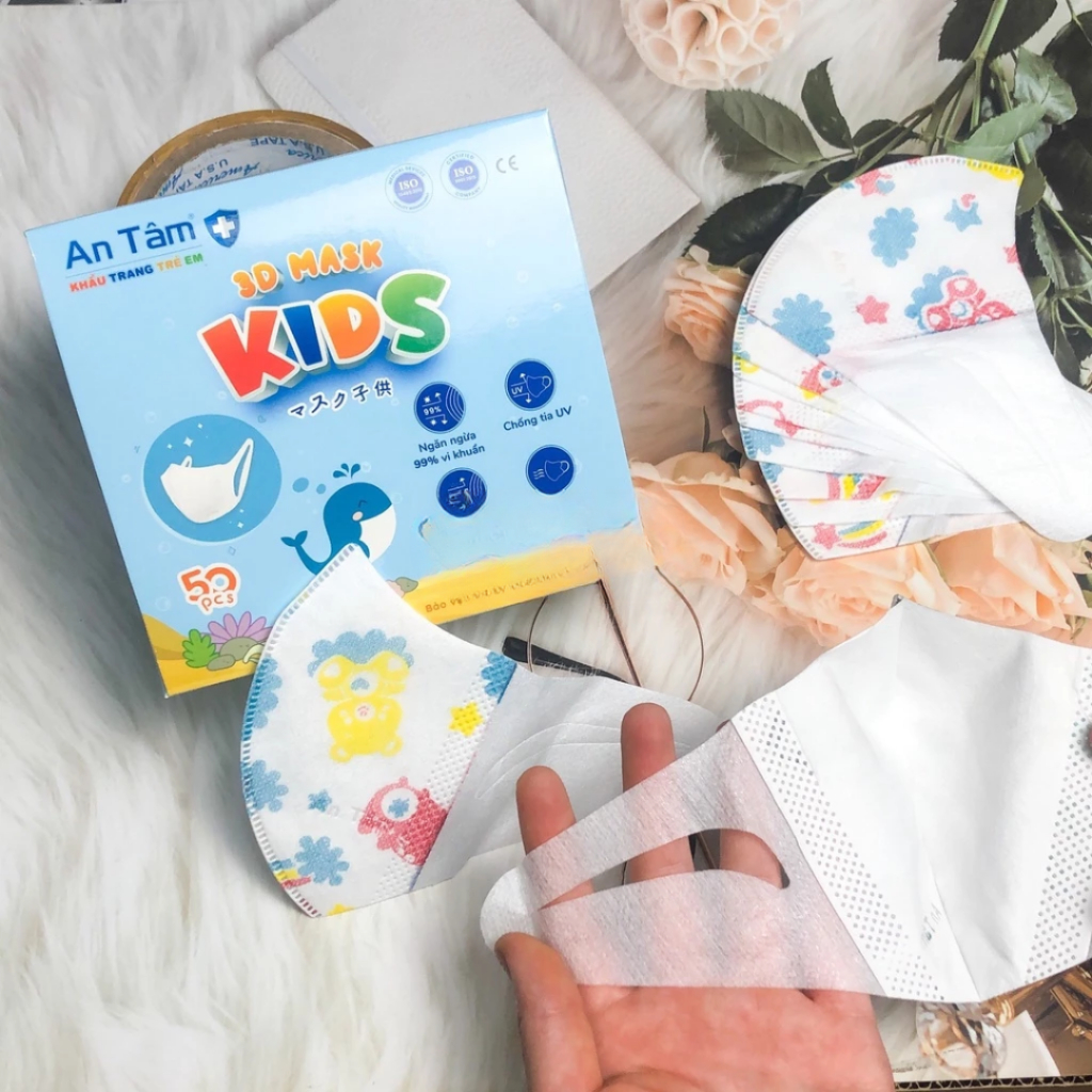 Hộp 50 cái Khẩu trang trẻ em 3D An Tâm đa lớp kháng khuẩn ngăn ngừa bụi mịn cho bé từ 3-8 tuổi AT3D50C