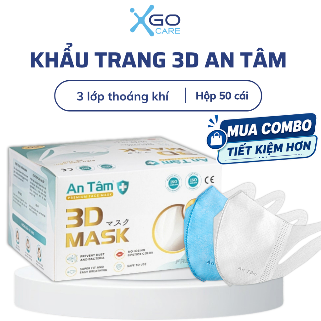 Khẩu trang 3d mask kháng khuẩn ngăn bụi mịn dây đeo mềm mại thoải mái chính hãng An Tâm hộp 50 cái AT3D50O