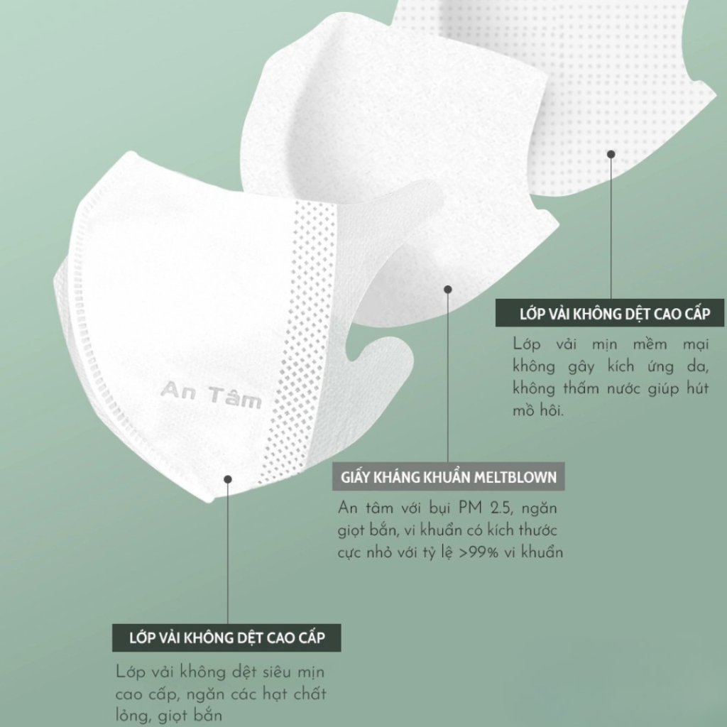Khẩu trang 3d mask kháng khuẩn ngăn bụi mịn dây đeo mềm mại thoải mái chính hãng An Tâm hộp 50 cái AT3D50O