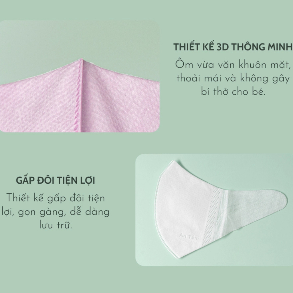 Khẩu trang 3d mask kháng khuẩn ngăn bụi mịn dây đeo mềm mại thoải mái chính hãng An Tâm hộp 50 cái AT3D50O