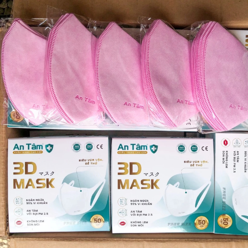 Khẩu trang 3d mask kháng khuẩn ngăn bụi mịn dây đeo mềm mại thoải mái chính hãng An Tâm hộp 50 cái AT3D50O