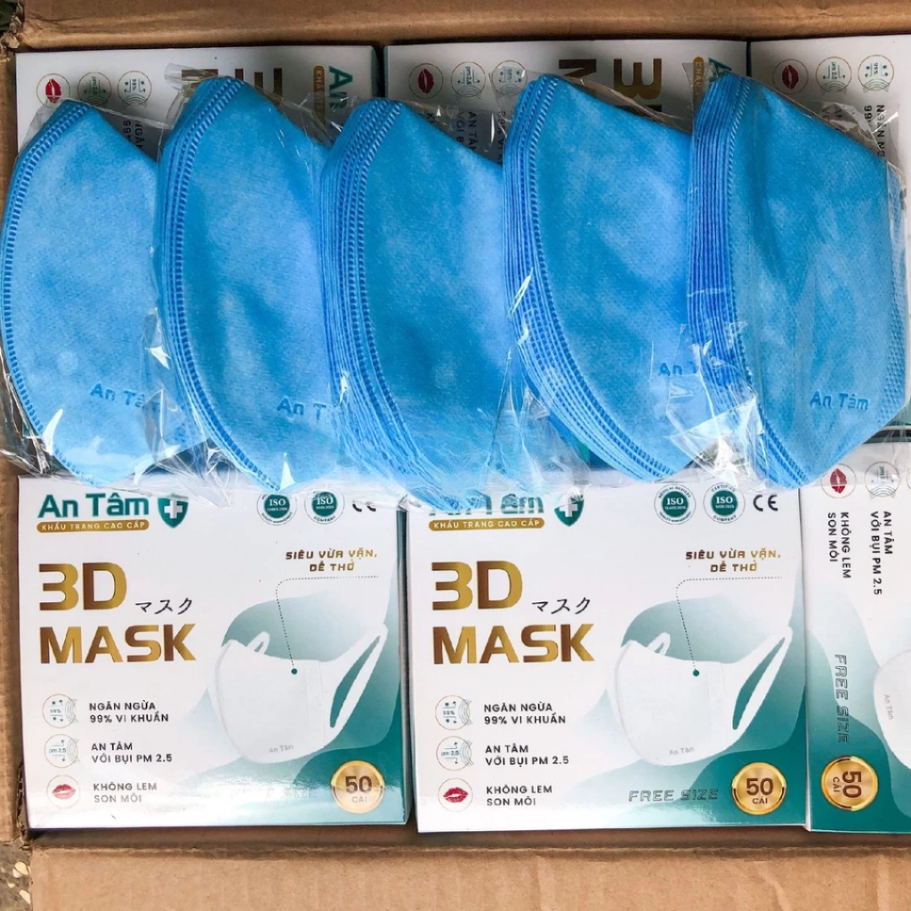 Khẩu trang 3d mask kháng khuẩn ngăn bụi mịn dây đeo mềm mại thoải mái chính hãng An Tâm hộp 50 cái AT3D50O