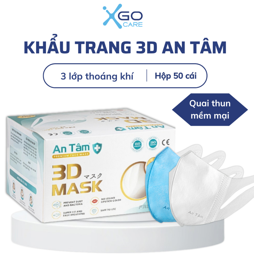 Khẩu trang 3d mask kháng khuẩn ngăn bụi mịn dây đeo mềm mại thoải mái chính hãng An Tâm hộp 50 cái AT3D50O