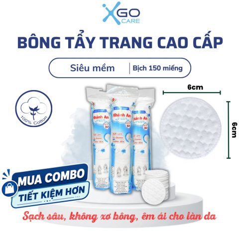Bông tẩy trang tròn 150 miếng cotton pads Khánh An dày lớp bông mềm mịn thấm hút tốt không đau rát khi sử dụng KABTT