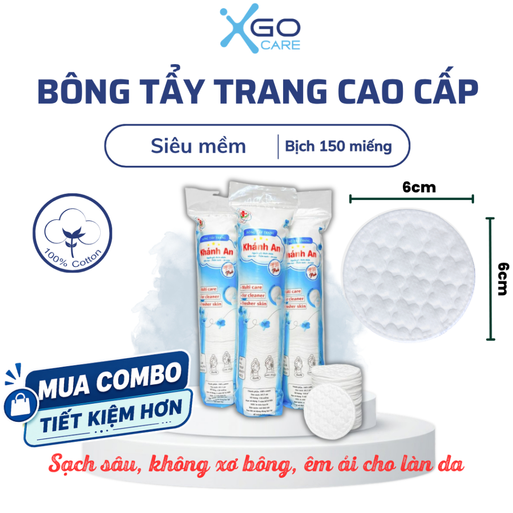 Bông tẩy trang tròn 150 miếng cotton pads Khánh An dày lớp bông mềm mịn thấm hút tốt không đau rát khi sử dụng KABTT
