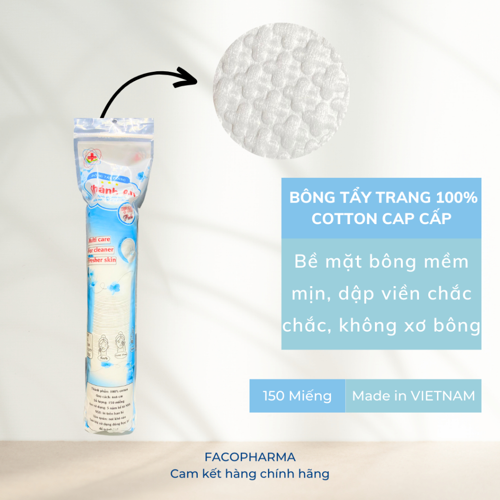 Bông tẩy trang tròn 150 miếng cotton pads Khánh An dày lớp bông mềm mịn thấm hút tốt không đau rát khi sử dụng KABTT