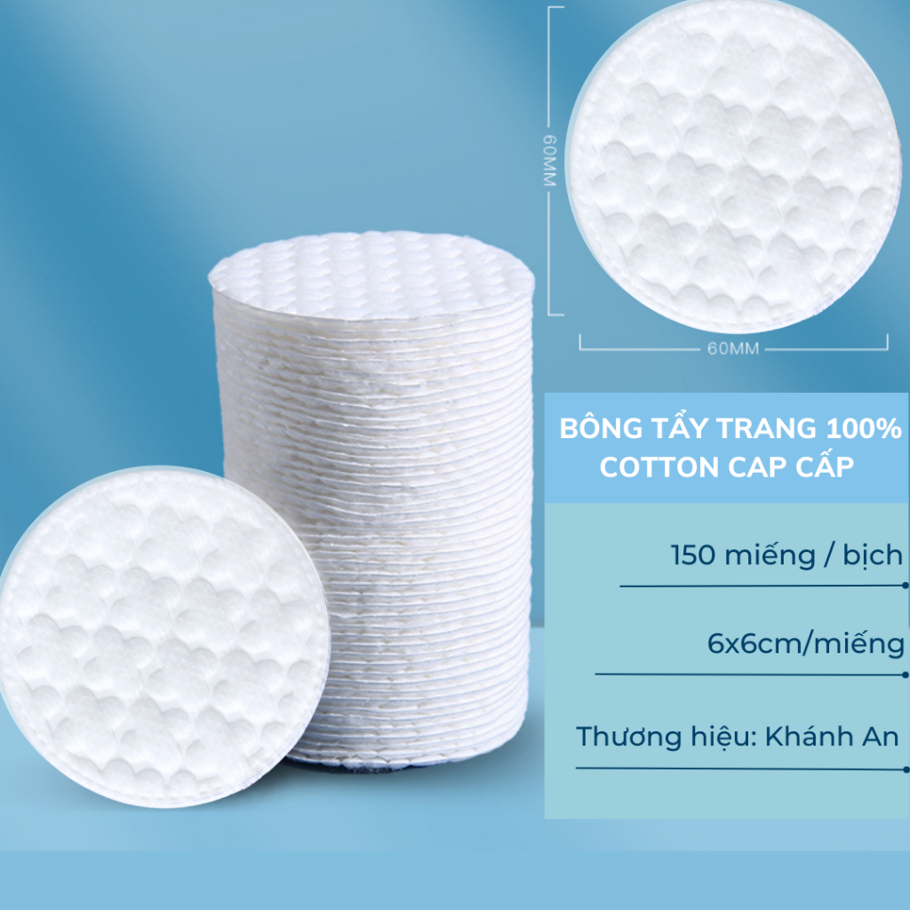 Bông tẩy trang tròn 150 miếng cotton pads Khánh An dày lớp bông mềm mịn thấm hút tốt không đau rát khi sử dụng KABTT
