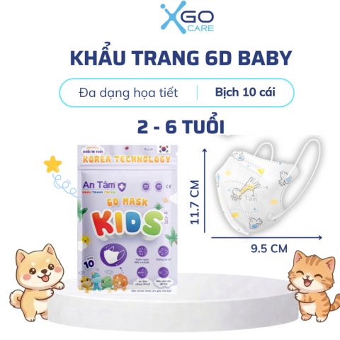 Set 100 cái khẩu trang 6D cho bé An Tâm kids cho em bé 3 tuổi đến 8 tuổi giúp kháng khuẩn lọc bụi dễ thở AT6DC