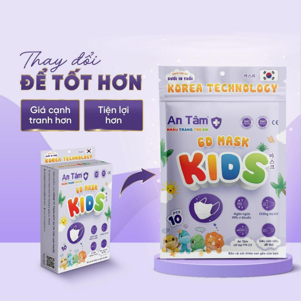 Set 100 cái khẩu trang 6D cho bé An Tâm kids cho em bé 3 tuổi đến 8 tuổi giúp kháng khuẩn lọc bụi dễ thở AT6DC