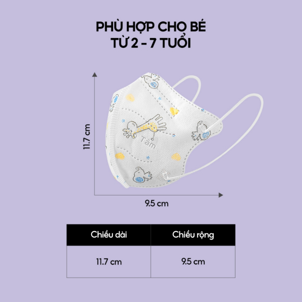 Set 100 cái khẩu trang 6D cho bé An Tâm kids cho em bé 3 tuổi đến 8 tuổi giúp kháng khuẩn lọc bụi dễ thở AT6DC