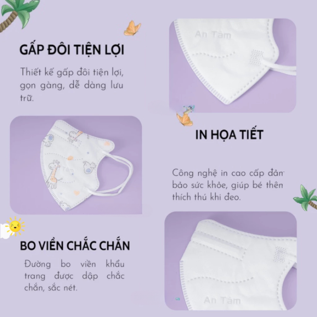 Set 100 cái khẩu trang 6D cho bé An Tâm kids cho em bé 3 tuổi đến 8 tuổi giúp kháng khuẩn lọc bụi dễ thở AT6DC