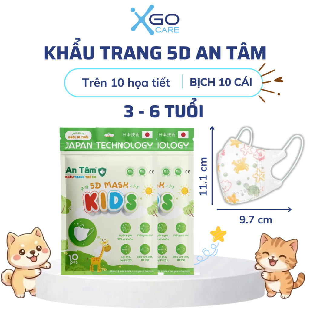 Khẩu trang cho bé 5d 1 tuổi đến 8 tuổi bé gái bé trai nhiều họa tiết đáng yêu An Tâm hộp 10 cái AT5DC