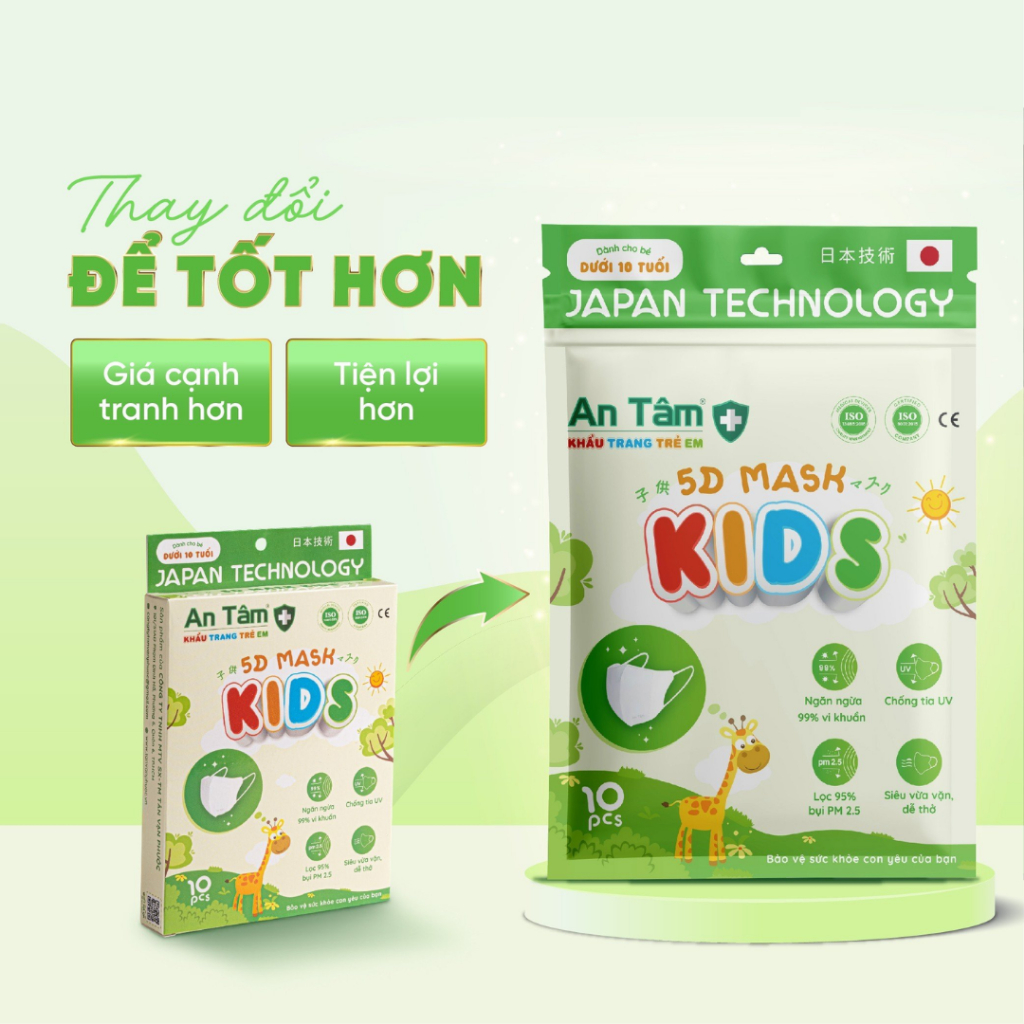 Khẩu trang cho bé 5d 1 tuổi đến 8 tuổi bé gái bé trai nhiều họa tiết đáng yêu An Tâm hộp 10 cái AT5DC