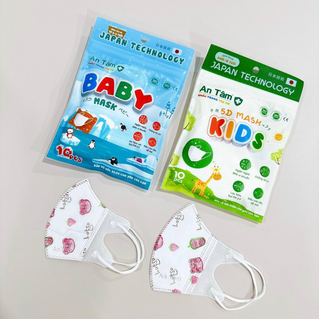 Khẩu trang cho bé 5d 1 tuổi đến 8 tuổi bé gái bé trai nhiều họa tiết đáng yêu An Tâm hộp 10 cái AT5DC