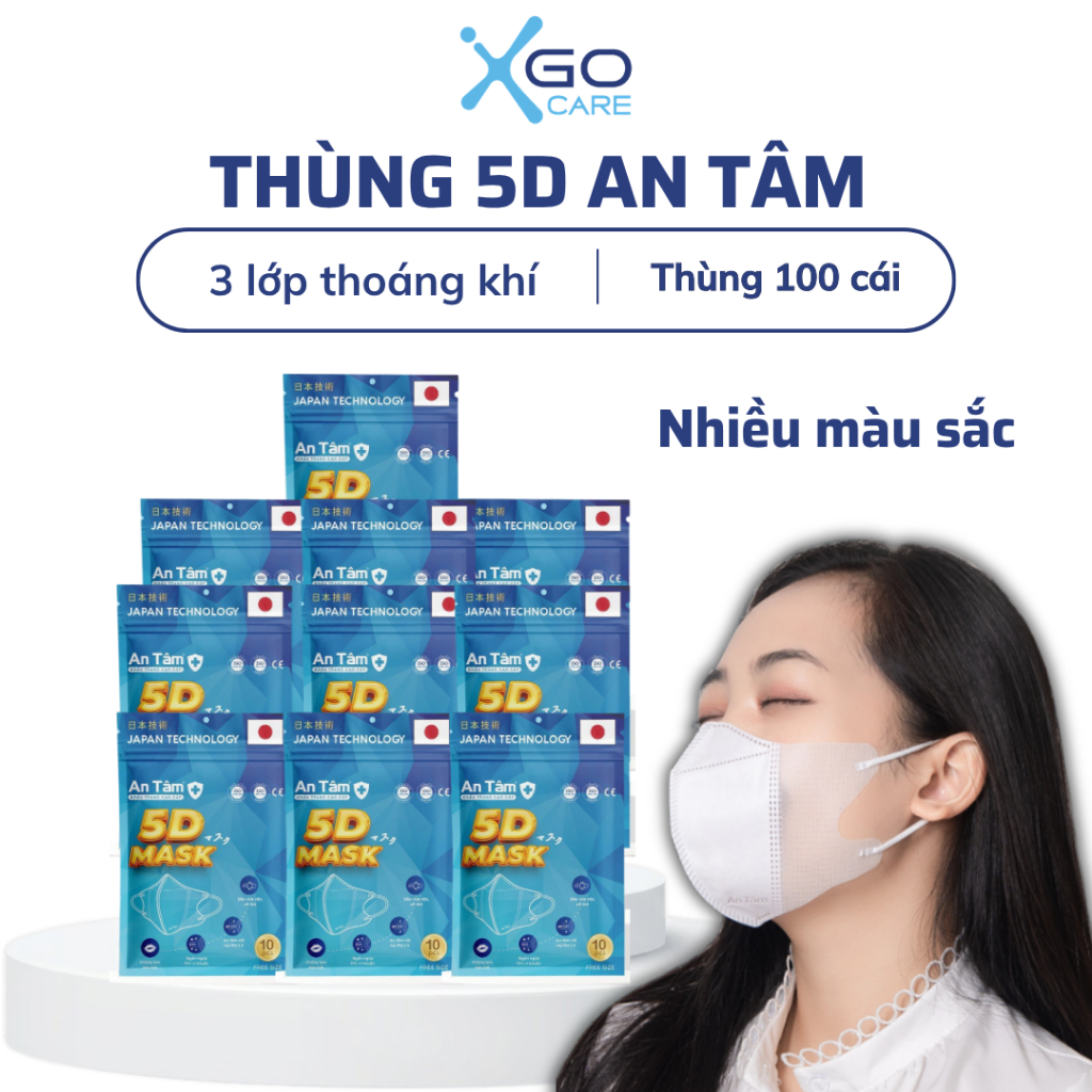 Combo 100 cái khẩu trang y tế 5D người lớn kháng khuẩn ngăn bụi mịn không lem son chính hãng An Tâm hộp 10 cái AT5DO