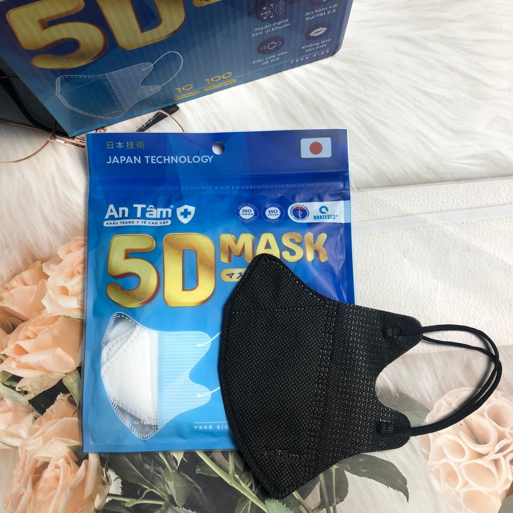 Combo 100 cái khẩu trang y tế 5D người lớn kháng khuẩn ngăn bụi mịn không lem son chính hãng An Tâm hộp 10 cái AT5DO