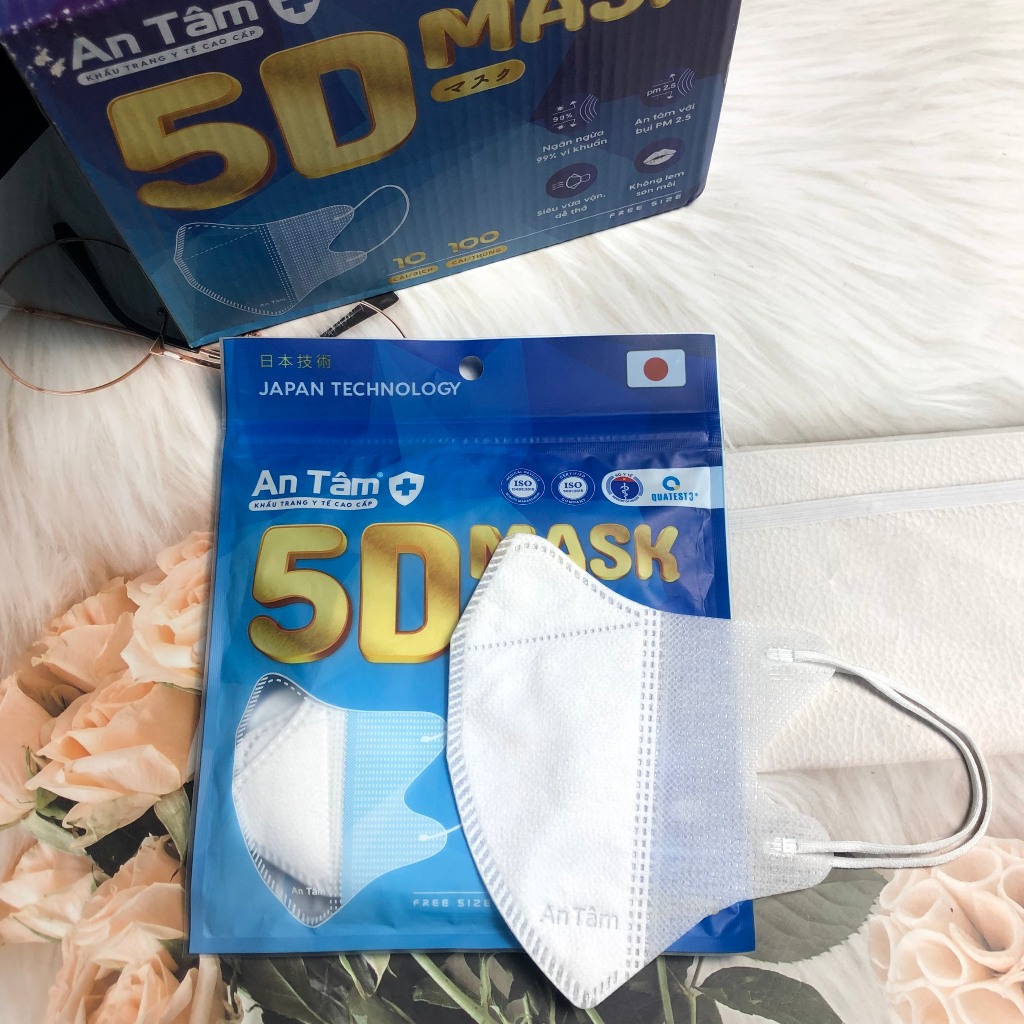 Combo 100 cái khẩu trang y tế 5D người lớn kháng khuẩn ngăn bụi mịn không lem son chính hãng An Tâm hộp 10 cái AT5DO