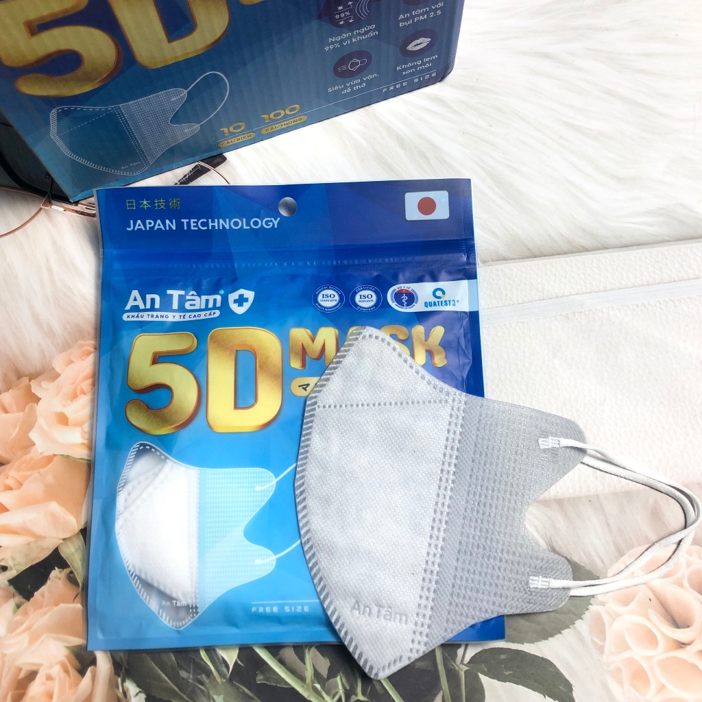Combo 100 cái khẩu trang y tế 5D người lớn kháng khuẩn ngăn bụi mịn không lem son chính hãng An Tâm hộp 10 cái AT5DO