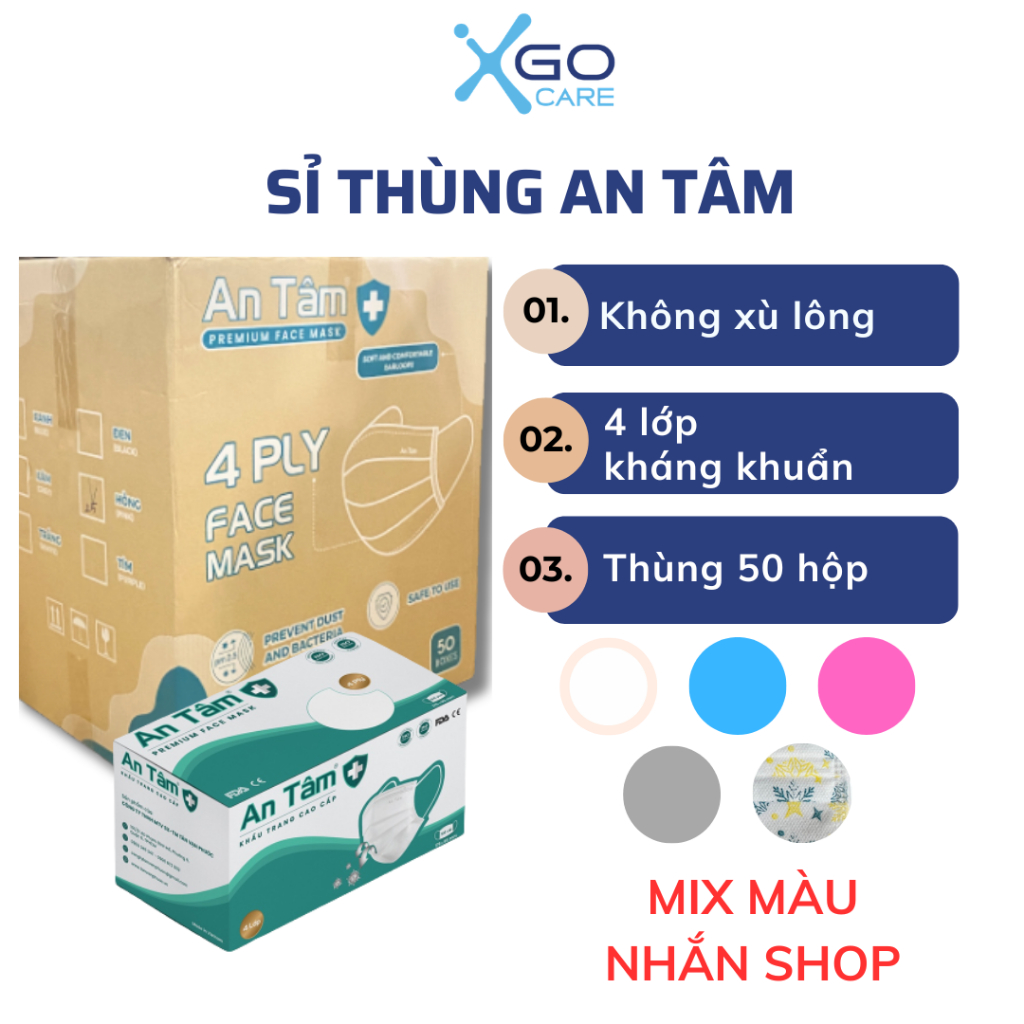 Thùng khẩu trang y tế An Tâm giá sỉ kháng khuẩn chống tia uv không xù lông nhiều màu thùng 50 hộp x50ATKTL1O