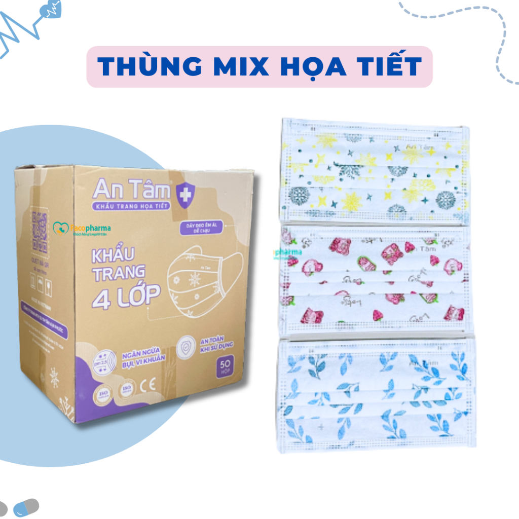 Thùng khẩu trang y tế An Tâm giá sỉ kháng khuẩn chống tia uv không xù lông nhiều màu thùng 50 hộp x50ATKTL1O