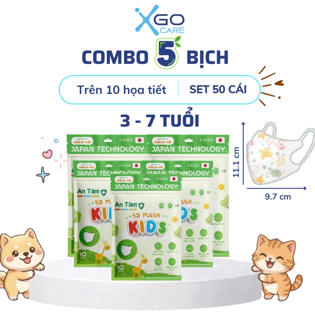Combo 50 cái khẩu trang 5D cho bé 3 tuổi đến 8 tuổi bé gái bé trai nhiều họa tiết đáng yêu 5D An Tâm hộp 10 cái x5AT5DC