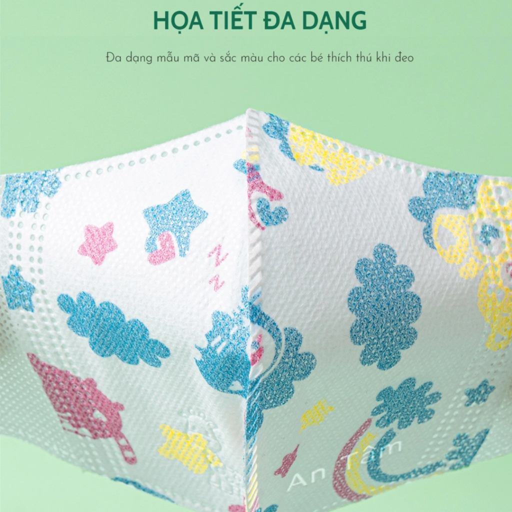Combo 50 cái khẩu trang 5D cho bé 3 tuổi đến 8 tuổi bé gái bé trai nhiều họa tiết đáng yêu 5D An Tâm hộp 10 cái x5AT5DC
