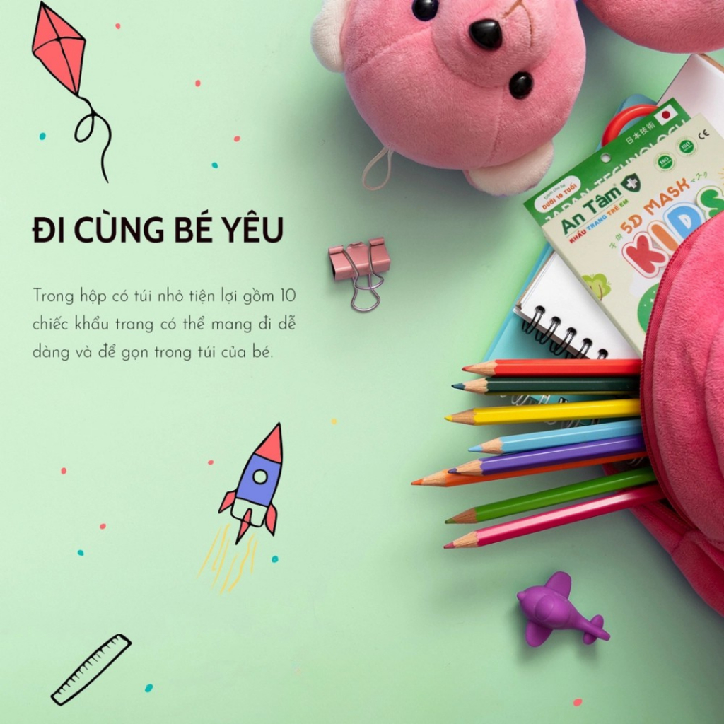 Combo 50 cái khẩu trang 5D cho bé 3 tuổi đến 8 tuổi bé gái bé trai nhiều họa tiết đáng yêu 5D An Tâm hộp 10 cái x5AT5DC