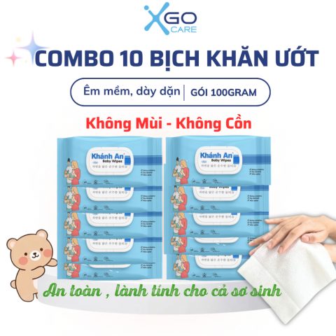 Combo 10 bịch Khăn ướt cho bé không mùi, không cồn an toàn sử dụng cho bé Khánh An