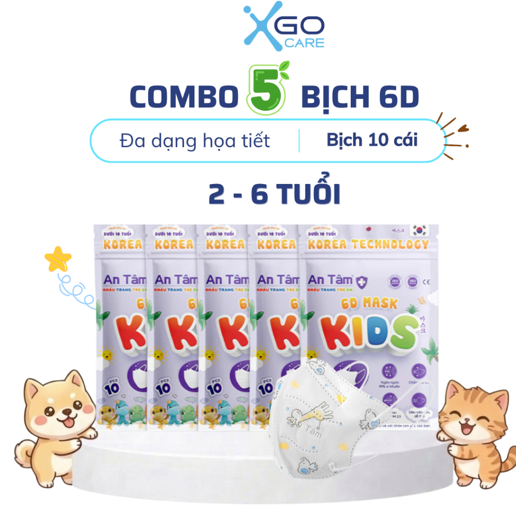 Set 50 cái khẩu trang trẻ em 6D An Tâm hoạt hình kháng khuẩn cho bé từ 3 đến 8 tuổi giúp lọc bụi dễ thở x5AT6DC