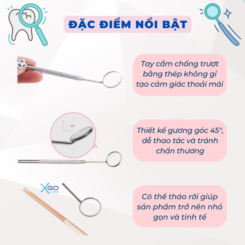 Gương nha khoa cầm tay, gương soi răng kiểm tra răng miệng tại nhà chất liệu thép không gỉ màu ngẫu nhiên CN014