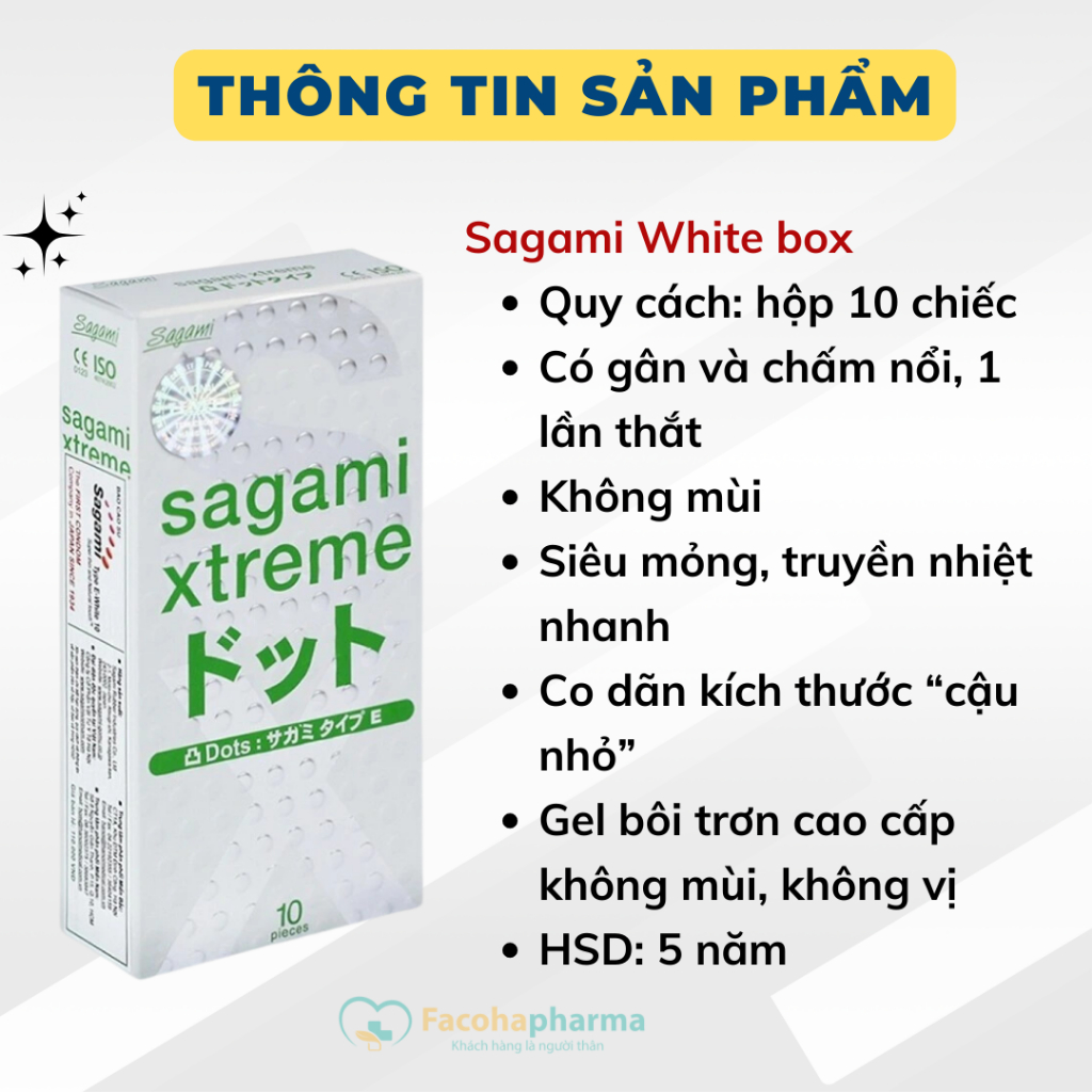 Bao cao su có gai Sagami White Box siêu mỏng tăng kích thích kéo dài quan hệ hộp 10 cái