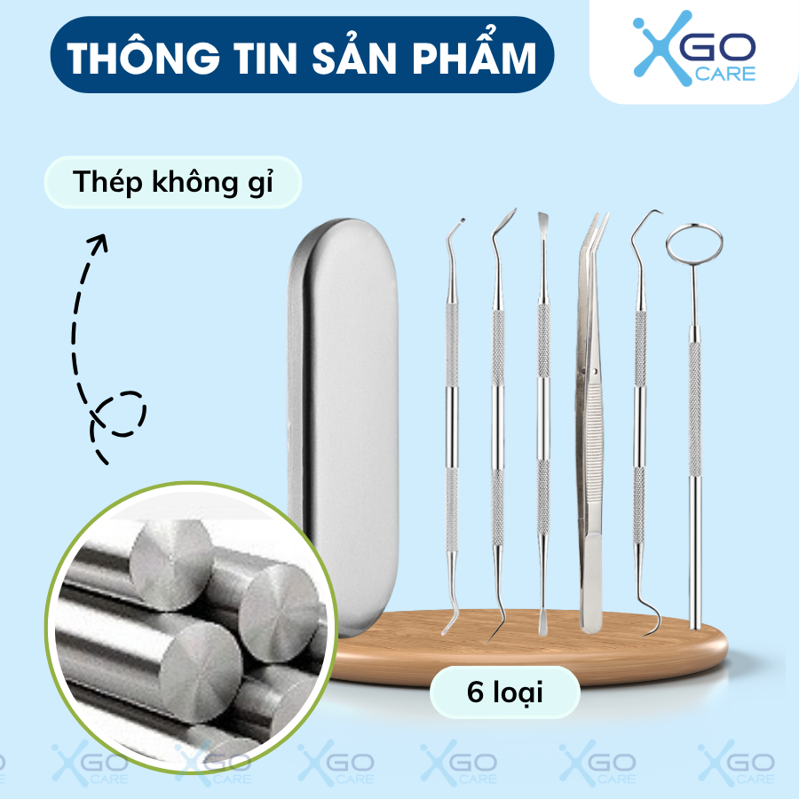 Dụng cụ nha khoa bộ dụng cụ 6 món bằng inox 304 chống rỉ sét chống hôi miệng làm sạch và chăm sóc răng miệng CN014