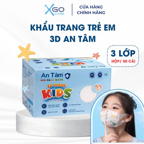 Khẩu trang trẻ em 3D An Tâm 3 lớp kháng khuẩn ngăn ngừa bụi mịn cho bé từ 3-8 tuổi hộp 50 cái AT3D50C