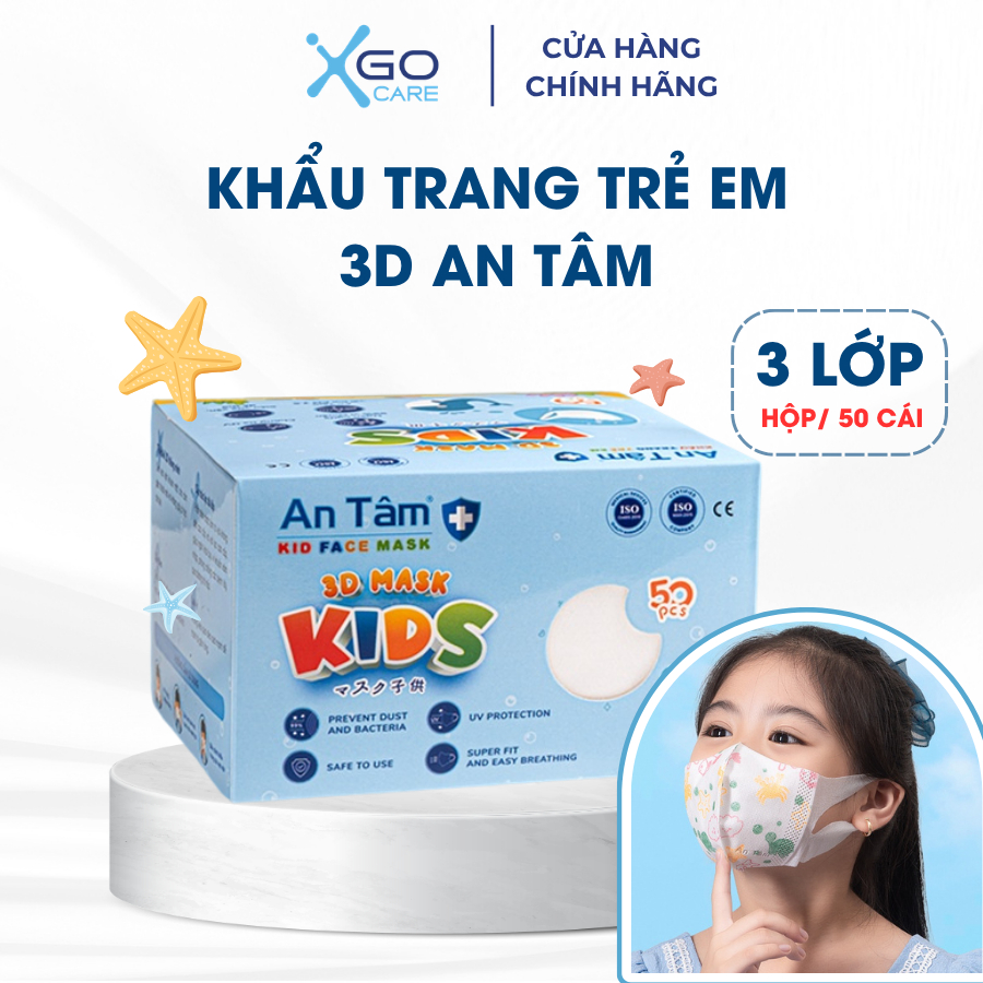 Khẩu trang trẻ em 3D An Tâm 3 lớp kháng khuẩn ngăn ngừa bụi mịn cho bé từ 3-8 tuổi hộp 50 cái AT3D50C